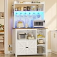 thumbnail image 1 of Itaar 35.4 inch Bakers Rack with Power Outlet and Storage, Farmhouse Coffee Bar Cabinet, Microwave Stand Kitchen Cabinet with Hutch, LED Lights, Wine Glass Holder and 8 Hooks，White, 1 of 7