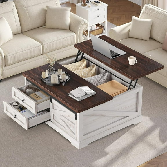 Itaar 39.4'' Lift Top Coffee Table with Storage, Farmhouse Coffee Tables for Living Room, Square Coffee Table with Large Hidden Compartment & 2 Drawers & Adjustable Shelves, White