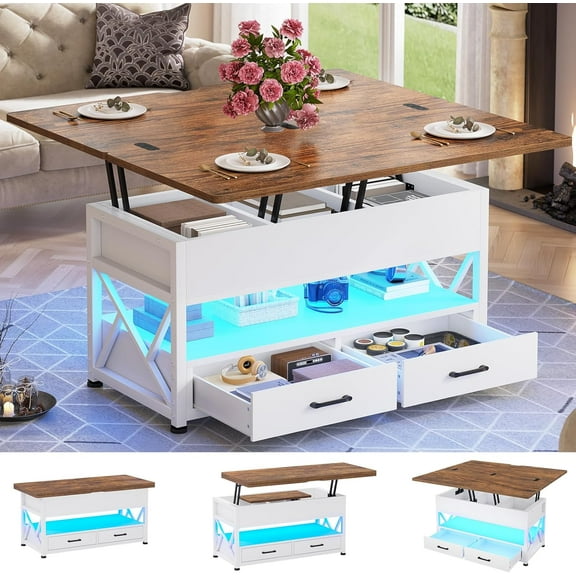 Itaar 40" Lift Top Coffee Table, 4 in 1 White Coffee Tables with Storage for Living Room, Small Coffee Table with 2 Drawers & LED Light for Dining Room, White and Rustic Brown