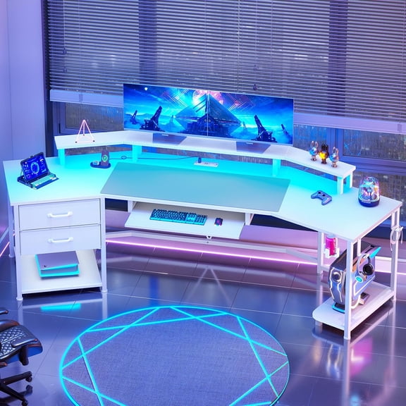 Itaar 79" Gaming Desk with 2 Fabric Drawers, Long Computer Desk with Power Strip & LED Lights, U Shaped Desk with Storage and Cup Holder, Large Gaming Table for Bedroom, Carbon Fiber White