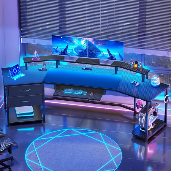 Itaar 79" Gaming Desk with 2 Fabric Drawers, Long Computer Desk with Power Strip & LED Lights, U Shaped Desks with Storage and Cup Holder, Large Gaming Table for Bedroom, Carbon Fiber Black