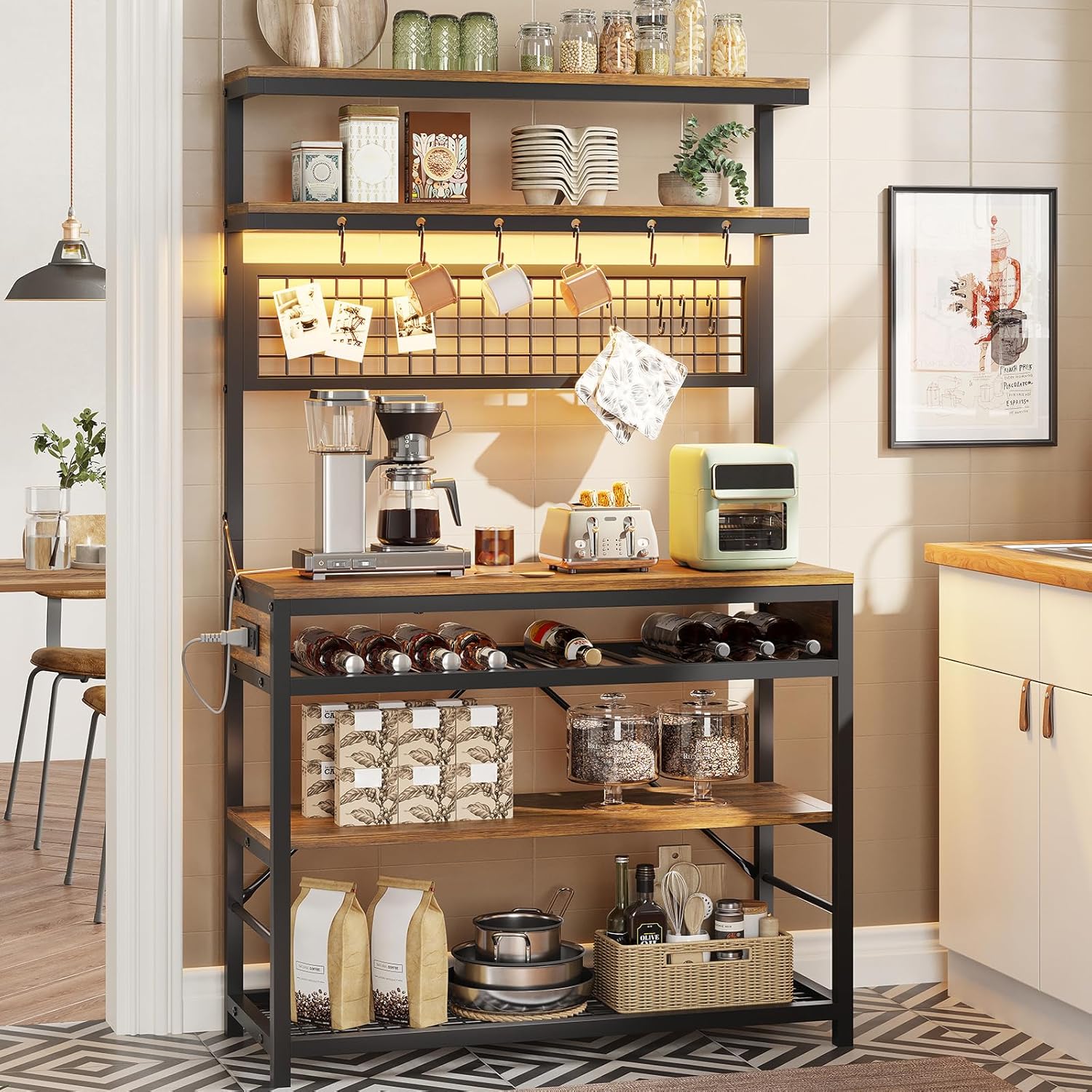 Itaar Bakers Rack with Power Outlet, 6-Tier Coffee Bar, Microwave Stand ...