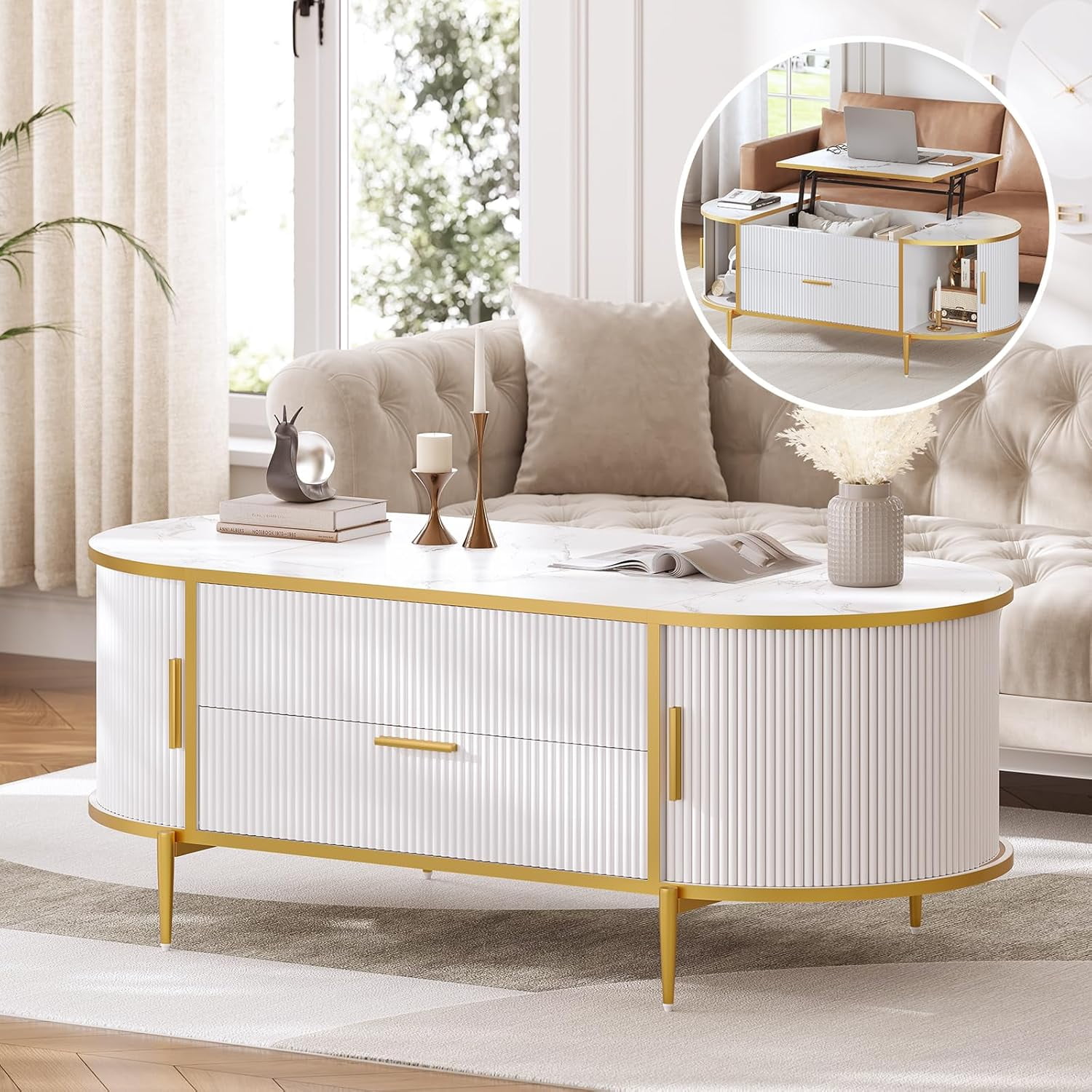 Itaar Fluted Lift Top Coffee Table with Storage, Oval Coffee Table with ...