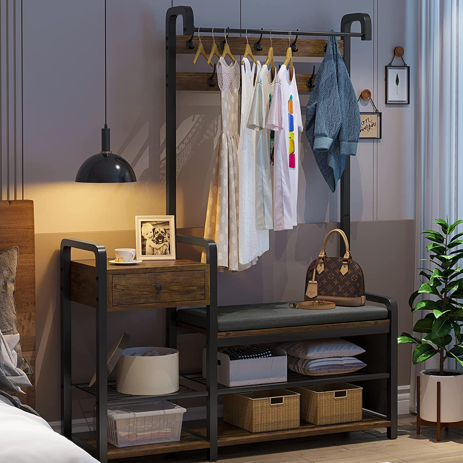 Itaar Hall Tree, 5in1 Entryway Bench with Coat Rack, Shoe Storage and