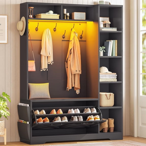 Itaar Hall Tree with Bench and Shoe Storage, Farmhouse Entryway Bench with Coat Rack, Shoe Cabinet with Flip Drawers, 7 Shelves, 10 Coat Hooks, Storage Bag, Led Lights, Black