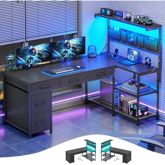 Itaar L Shaped Gaming Desk with 5 Drawers and Storage Shelves, Reversible Computer Desk with Bookshelf for Home Office, L Shaped Corner Desk with LED Lights, Power Outlets and Storage Bag, Black