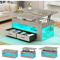 Itaar Lift Top Coffee Table, 4 in 1 Coffee Tables with Storage and Hidden Compartment, Farmhouse Coffee Table with 2 Fabric Drawers & LED Light for Living Room, Grey Oak