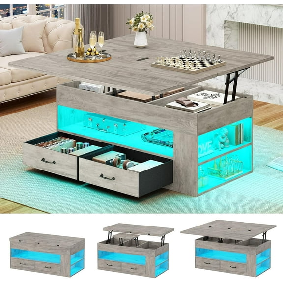 Itaar Lift Top Coffee Table, 4 in 1 Coffee Tables with Storage and Hidden Compartment, Farmhouse Coffee Table with 2 Fabric Drawers & LED Light for Living Room, Grey Oak