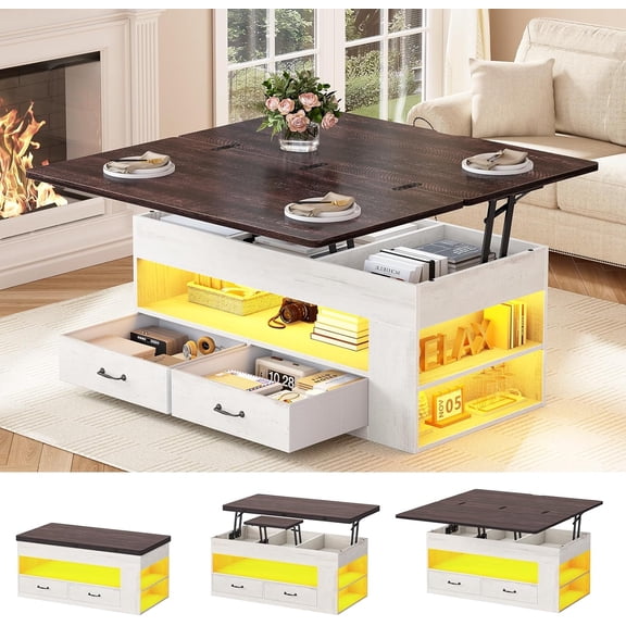 Itaar Lift Top Coffee Table, 4 in 1 Coffee Tables with Storage and Hidden Compartment, Farmhouse Coffee Table with 2 Fabric Drawers & LED Light for Living Room, White