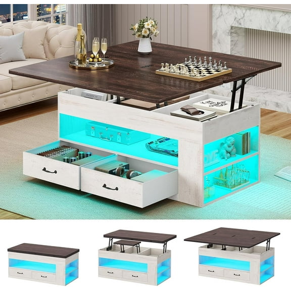 Itaar Lift Top Coffee Table, 4 in 1 Coffee Tables with Storage and Hidden Compartment, Farmhouse Coffee Table with 2 Fabric Drawers & LED Light for Living Room, White