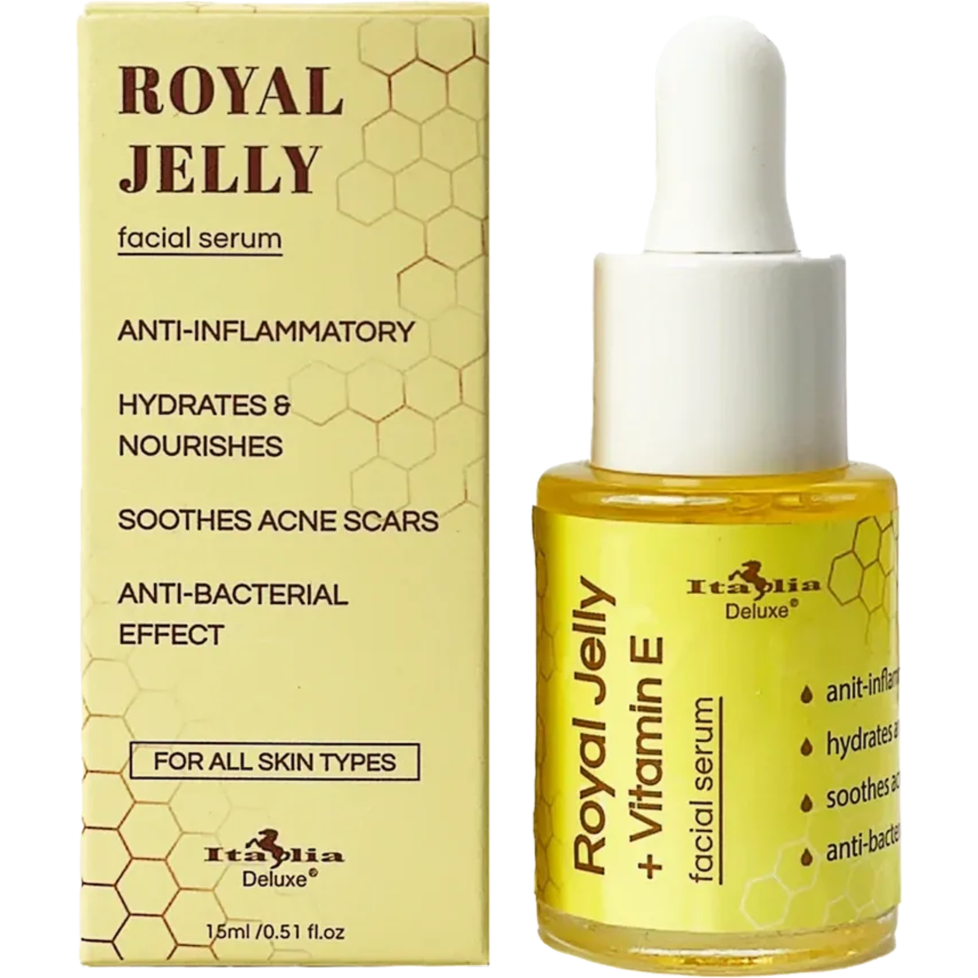 Italia Deluxe Royal Jelly Facial Serum AntiBacterial Vitamin E Skincare Toner Serum for All