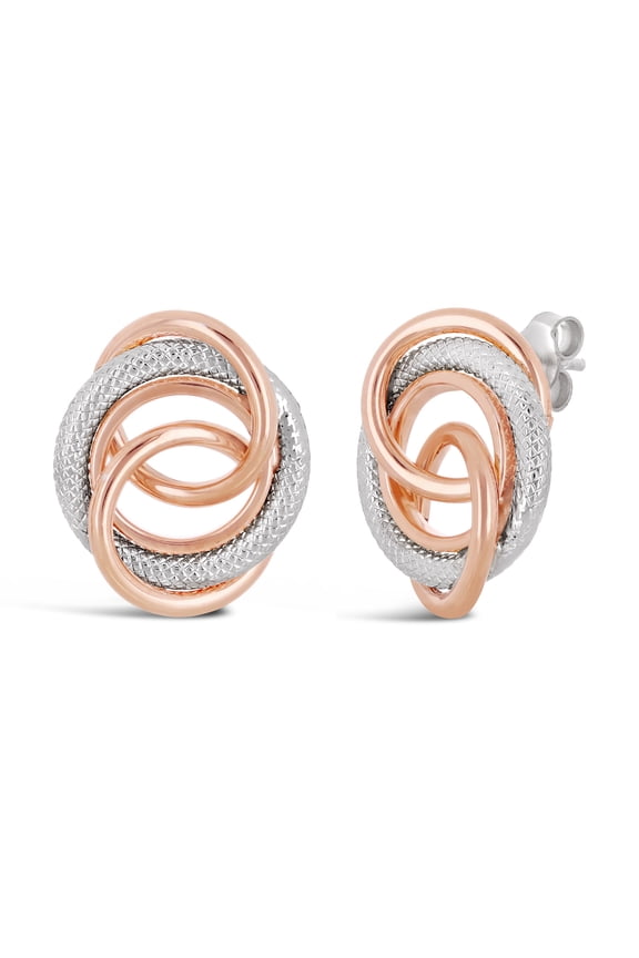 Italian 14k White & Rose Gold Multiple Eternity Circle Love Knot Stud Earrings - White and Rose
