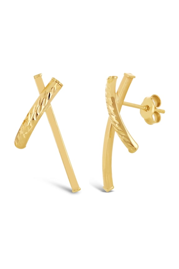 Italian 14k Yellow Gold Diamond Cut Asymmetrical X-Shaped Hugs Stud Earrings - Asymmetric