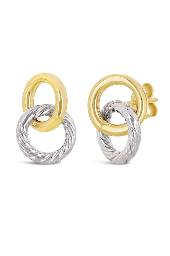 Italian 14k Yellow & White Gold Double Tube Shiny Eternity Circle Stud Earrings - Double Tube