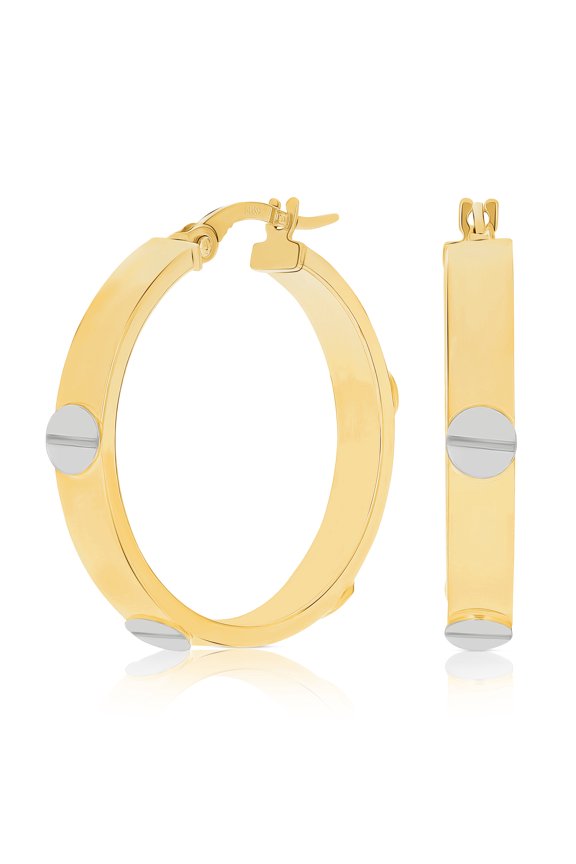 Italian 14k Yellow & White Gold Love Screw Design Small Hollow Hoop Earrings 1" - Style1 Small