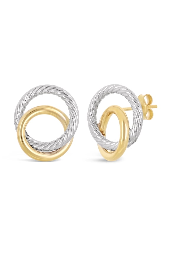 Italian 14k Yellow & White Gold Small Double Shiny Eternity Circle Stud Earrings - Double Eternity