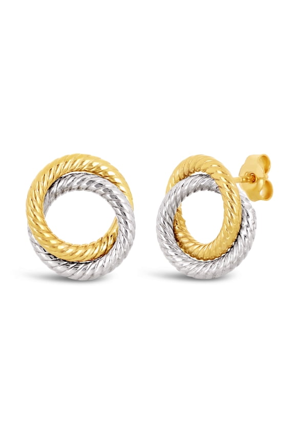 Italian 14k Yellow & White Gold Small Rope Double Eternity Circle Stud Earrings - Two-Tone Double Circle