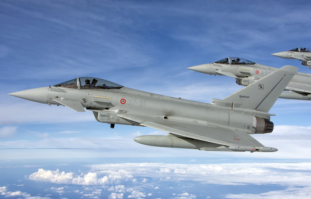 Italian Air Force F-2000 Typhoon aircraft fly in formation Canvas Art - Giovanni CollaStocktrek Images (35 x 23)