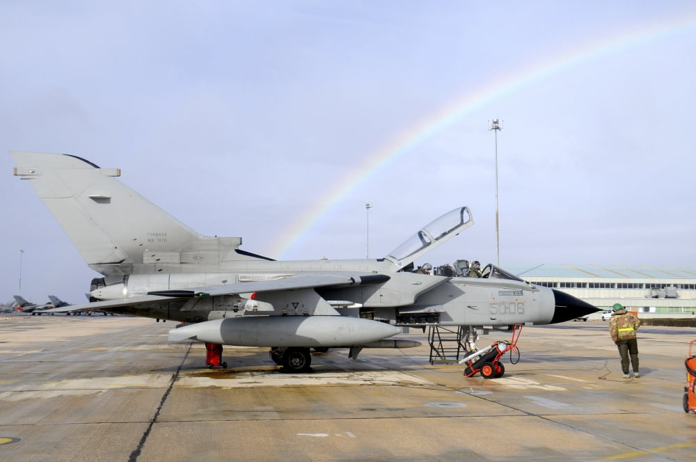 Italian Air Force Tornado ECR with rainbow Albacete Spain Canvas Art - Riccardo NiccoliStocktrek Images (34 x 23)