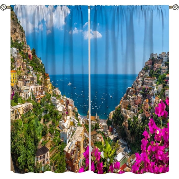 Italian Amalfi Coast Blackout Curtains for Kitchen,Famous Positano Town Sea View Tapestry Mediterranean Coastal Landscape Italy Wall Hanging Window Drapes Print for Bedroom Living Room 52x84in