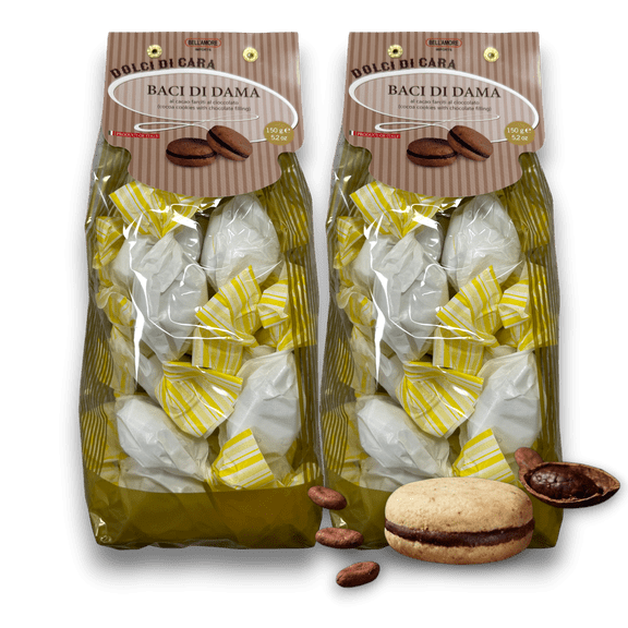 Italian Amaretti Cookies, Cocoa Cookies Filled with Rich Chocolate Cream, 300g (2 x 150g bags), Made in Italy - Baci Di Dama
