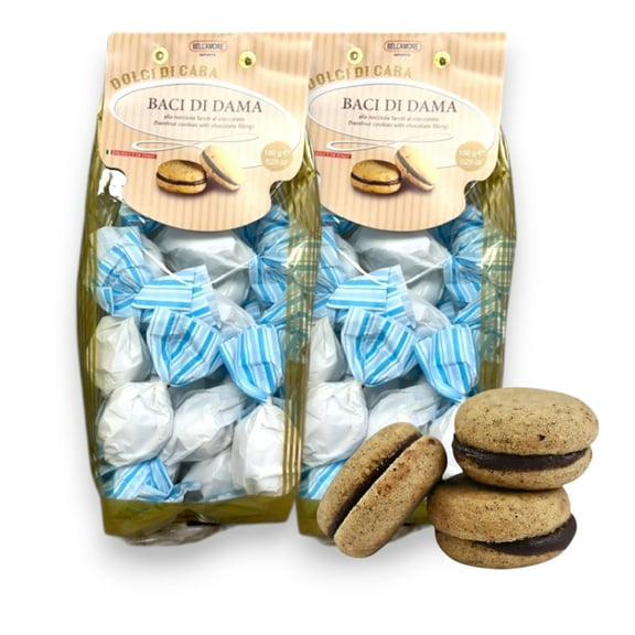 Italian Amaretti Cookies, Soft Almond Cookies Filled with Rich Chocolate Cream, 300g (2 x 150g bags), Made in Italy - Baci Di Dama