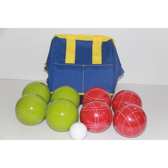 Italian/American Made, 110mm EPCO Bocce Set - Rustic Green/Red Balls and Blue/Yellow Bag