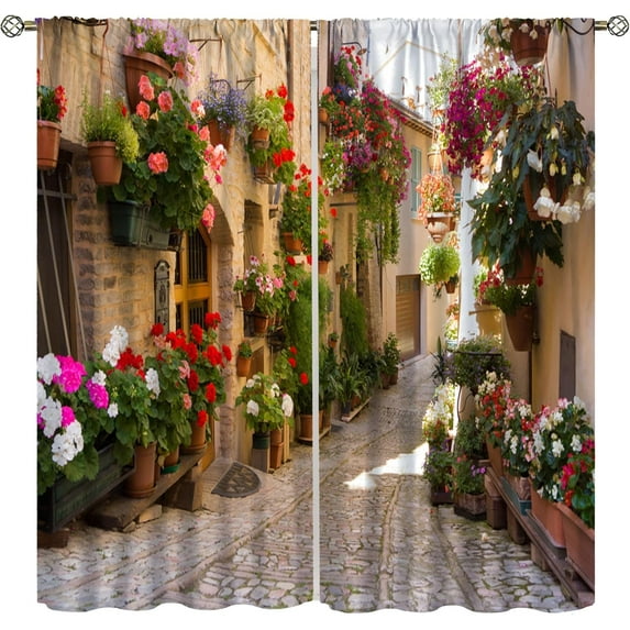 Italian Architectural Landscape Blackout Curtains,Vintage European Style Natural Plants Flowers Architectural Art Window Treatments Drapes for Kitchen Living Room Bedroom 42x63in
