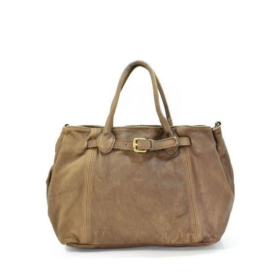 Italian Artisan  Womens Handcrafted Vintage Washed Handbag in Genuine Washed Calfskin Leather, Dark Taupe - Medium