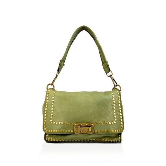 Italian Artisan WPF-VWB-S011-Green Womens Handcrafted Vintage Washed Leather Shoulder Handbag with Minimal Studded Flap & Buckle, Green - Small