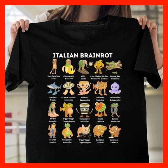 Italian BRAINROT Funny Cartoon Characters T-Shirt - Humorous Italian Parody Novelty Tee G1048, for Unisex, Sizes S–5XL