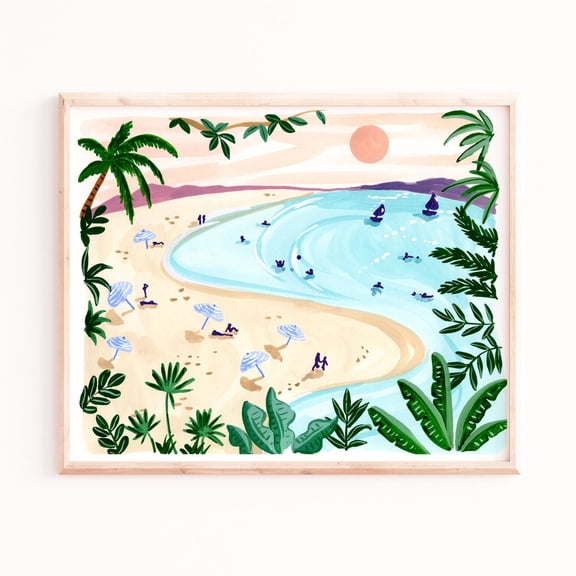 Italian Beach Wall Art - Sunset Scene with Tropical Details Poster Art Print Home Decor, Unframed Canvas Size 24x36 F03.1.20l725