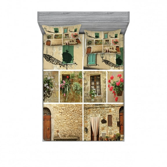 Italian Bedding Set with Sheet & Covers, Pictures of Italy Lifestyle Old Classic Shutter Window Stone Houses Print, Printed Bedroom Decor 2 Shams, 4 Sizes, Multicolor, by Ambesonne