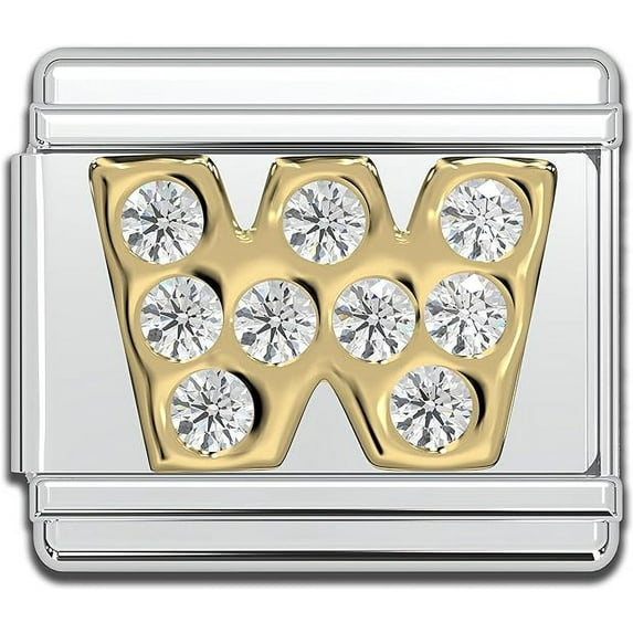 Italian Bracelet Letter Charms, 9mm Rhinestone Stainless Steel Gold Letter Initial Charm Link (W)