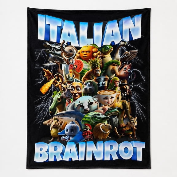 Italian Brainrot Fleece Throw Blanket, Bold Typography Collage, Soft 280 GSM Polyester