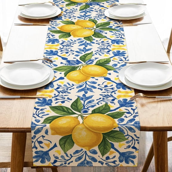 Italian Capri Blue Lemon Dining Table Runner, Amalfi Coast Citrus Italy Tile Pattern Burlap Kitchen Decoration, Summer Mediterranean Indoor Outdoor Home Decor Party Supply 13 x 72 Inches