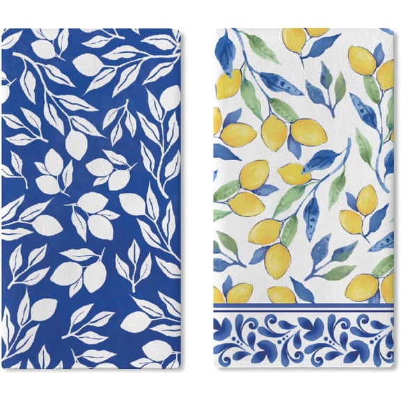 Italian Capri Blue Lemon Kitchen Dish Towels Set of 2, Amalfi Coast Italy Tile Pattern Citrus Drying Hand Towel Baking Cooking Cloth, Summer Mediterranean Bathroom Home Decoration 18'' x 26''