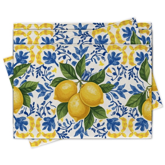Italian Capri Blue Lemon Placemats Set of 4, Amalfi Coast Citrus Italy Tile Pattern Dining Place Mats Table Decor, Summer Mediterranean Home Kitchen Decoration 12''x18''
