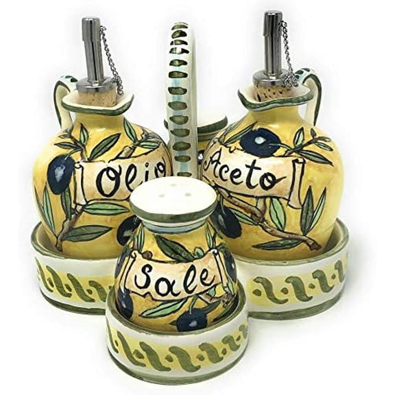 - Italian Ceramic Art Pottery Set Cruet Oil Vinegar Salt Pepper Decorated Olives Hand Painted Made in ITALY Tuscan$$Home Decor, Kitchen, & Other