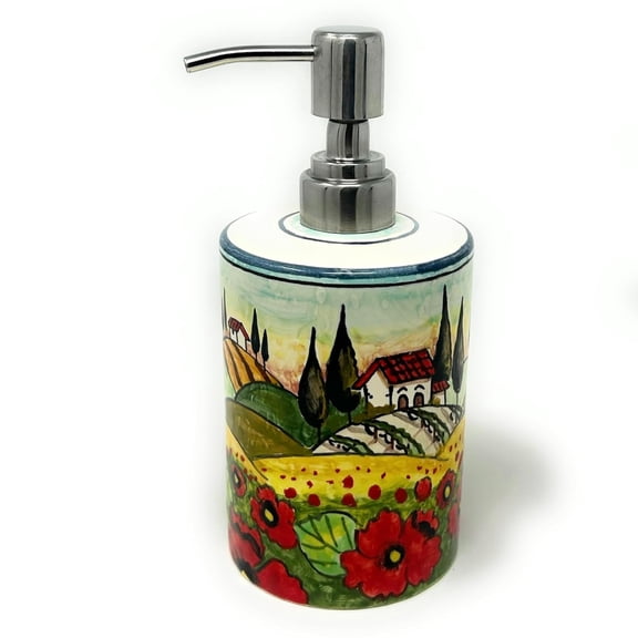 Italian Ceramic Soap Dispenser with Rust Proof Stainless Steel for Bathroom, Kitchen Hand Painted Pattern Tuscan Landscape Poppies Made in ITALY