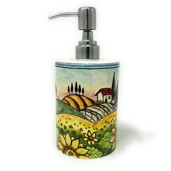Italian Ceramic Soap Dispenser with Rust Proof Stainless Steel for Bathroom, Kitchen Hand Painted Pattern Tuscan Landscape Sunflowers Made in ITALY