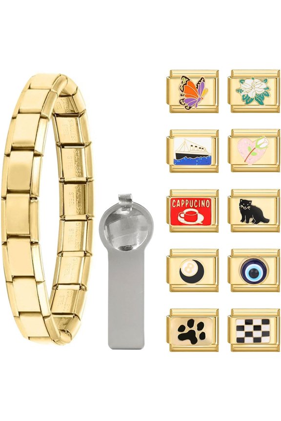 Italian Charm Bracelet Gold Silver Set with Starter Brascelet, Assorted Charms and Opening Tools, 9mm Modular Italian Charm Bracelet Links Handmade DIY Jewelry Gifts(Gold Black)[k82308]