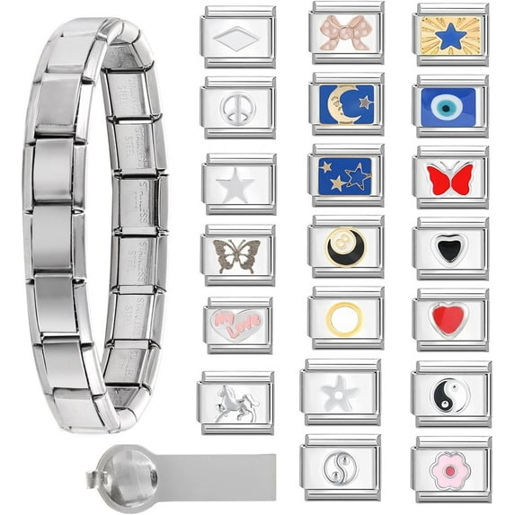 Italian Charms Bracelet Sets with 1Pcs Starter Brascelet,9Pcs Charms and Opening Tools,9mm Italian Modular Charm Bracelet Link Handmade DIY Module Jewelry Gifts B-Starter Bracelet Set-20Pcs