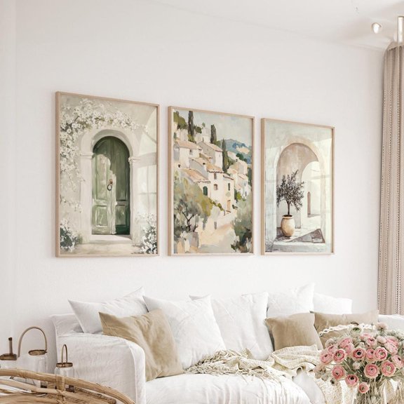Italian Coastal Art Prints, Light Cream Living Room Art, Neutral Muted Beige Bedroom Wall Art, Soft Sage Green Decor, Stretched Canvas