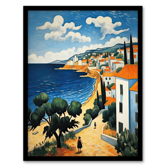 Italian Coastal Cityscape at Summer Oil Painting Art Print Framed Poster Wall Decor 12x16 inch