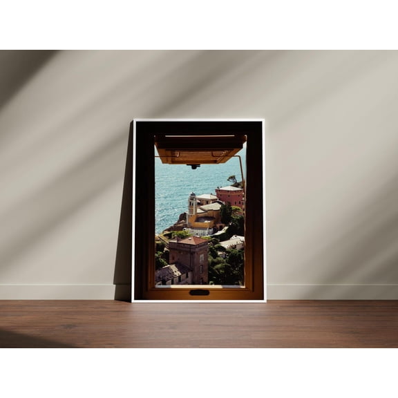 Italian Coastal View Through Window Poster, Old Money View Poster, Italy Ocean Photography, Sea View Window Poster, Trendy Wall Art, Unframed Poster Size 8x12