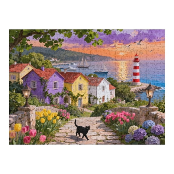 Italian Coastal Village Lighthouse Seaside Cottage Wooden Jigsaw Puzzle 1000 Pieces for Adults, Relaxing Indoor Hobby, Seaside Landscape Puzzle, Vibrant Floral Garden, Nautical Tabletop Activity