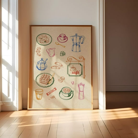 Italian Coffee Wall Art, Espresso & Cappuccino Print, Moka Pot Poster, Latte Illustration, Cafe Decor, Barista Gift, Kitchen Downloadable, Stretched Canvas Size 16x24