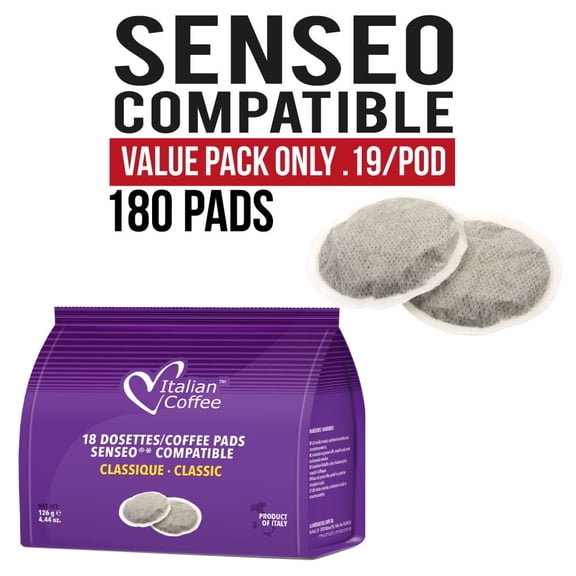 Italian Coffee pads compatible with Senseo machines, Classico, 180 Pads