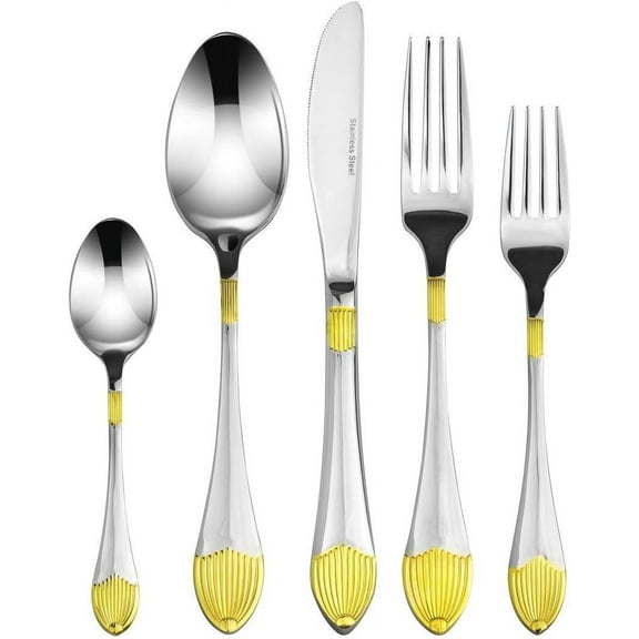 Italian Collection 'Colosseum' 20-Pc Premium Silverware Flatware Serving Set, Service for 4, 18/10 Stainless Steel Gold Plated Dining Flatware
